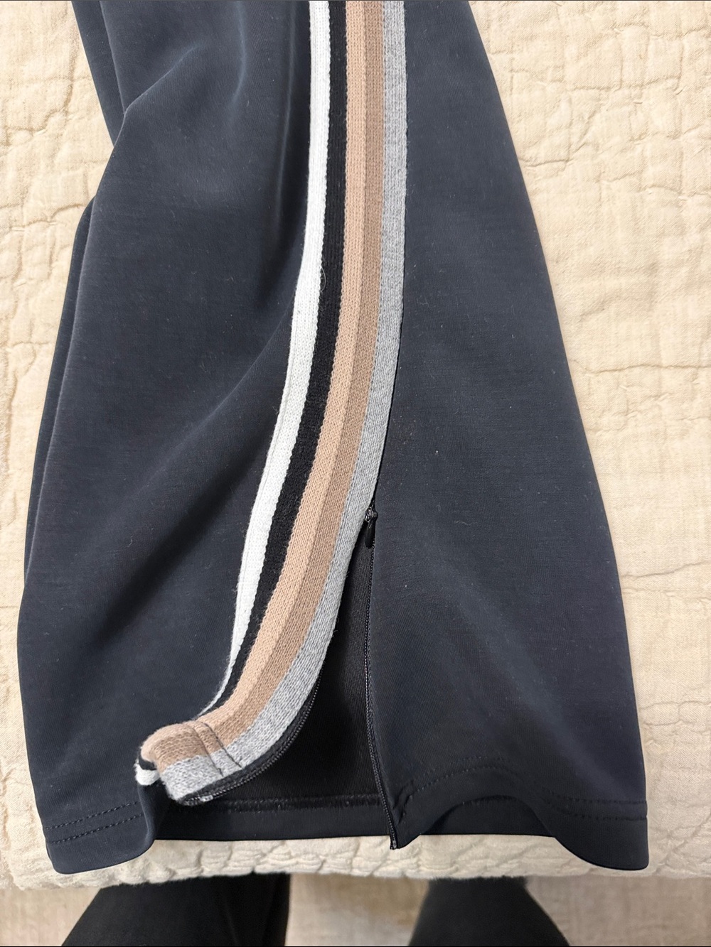 Spiritual Gangster Black Wide-Leg Track Pants with White and Tan Side Stripes - Picture 2 of 4